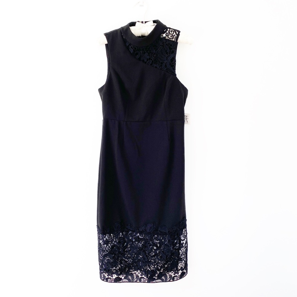 Black Lace Trim Mock Neck Midi Sheath Dress NWT Sm